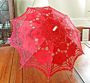 Lace parasol. Battenburg Lace. Red