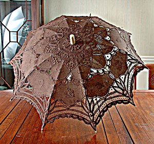 Chocolate Brown Battenburg Lace Parasols. 16" (32" Full Open) - Click Image to Close
