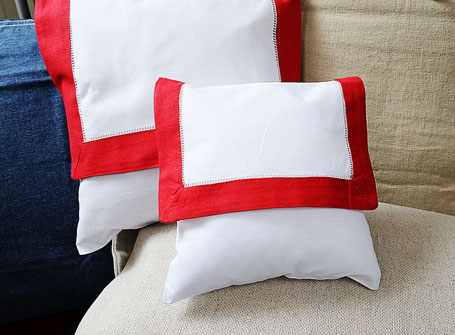 Mini Hemstitch Baby Envelope Pillows 8x8 Red color border [PILLOW ENVELOPE  WHT TRUE RED 8] - $22.99 : battenburg lace store, the home fashion center